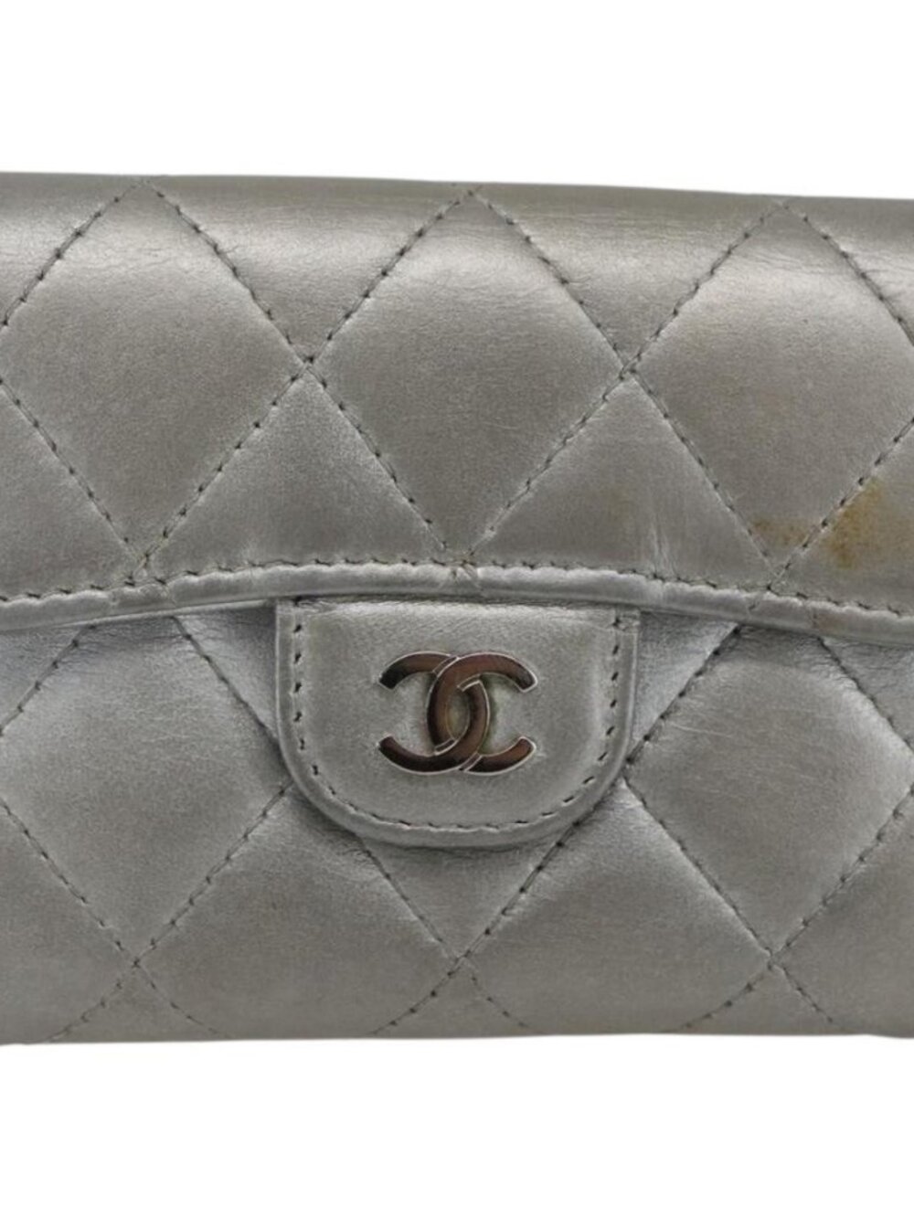 CHANEL Matelasse Card Case Leather Silver CC Auth 171336 - Picture 2 of 16